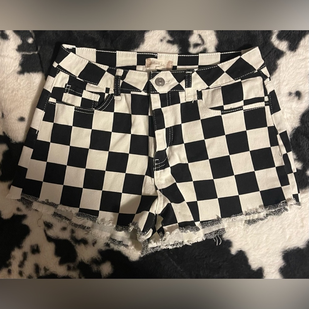 Black and white altered state checkered Jean shorts